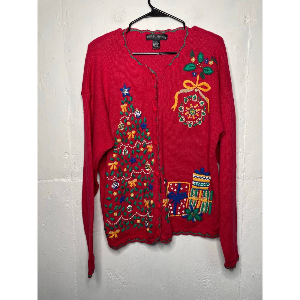 Work in Progress Red Knit Christmas Sweater Button Down Tree Size XL Womens